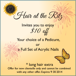 Get $10 off a new set of nails, or a pedicure at Hair  at the Ritz!